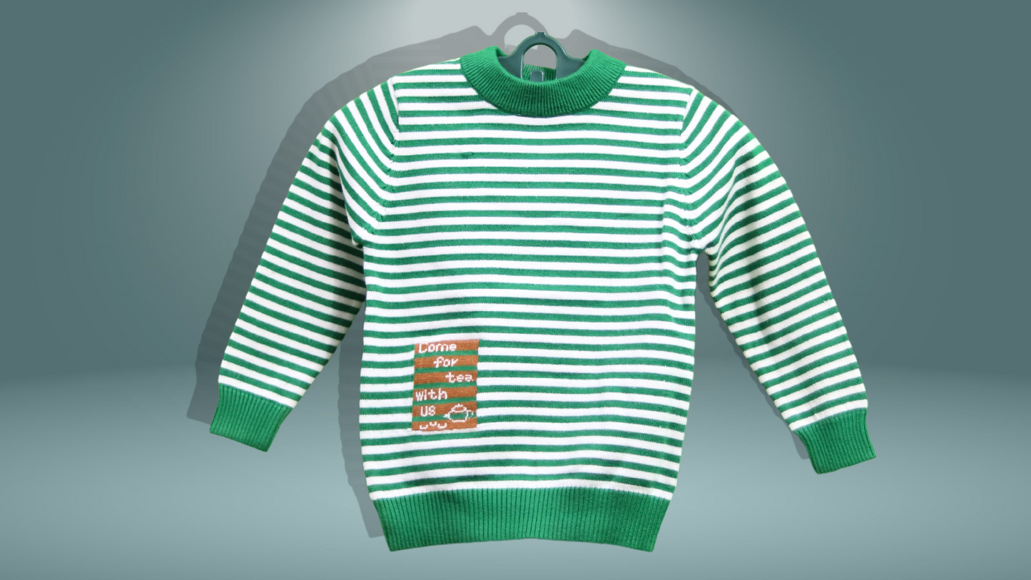 Striped Winter Sweater for Kids - Green and White