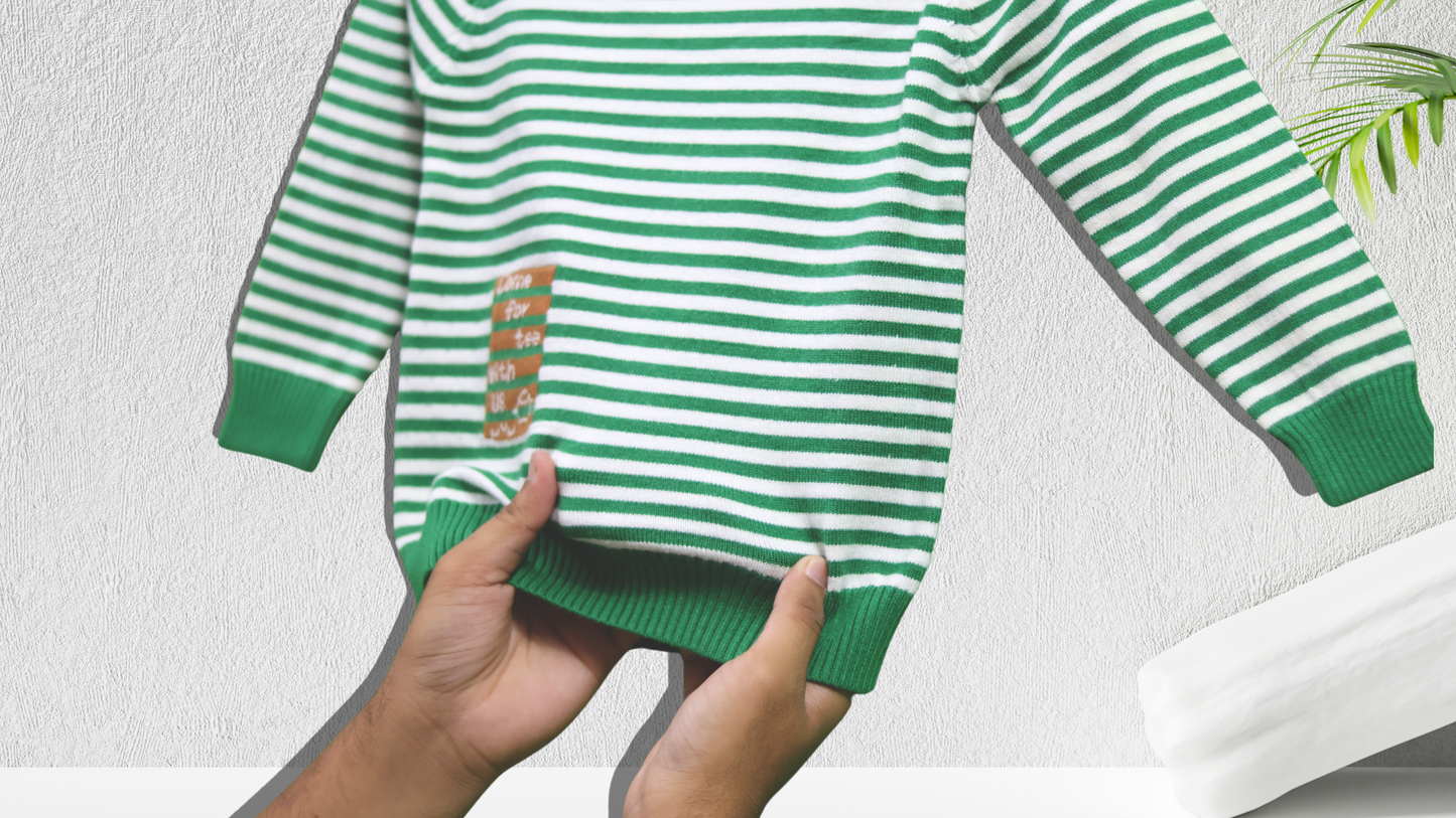 Striped Winter Sweater for Kids - Green and White