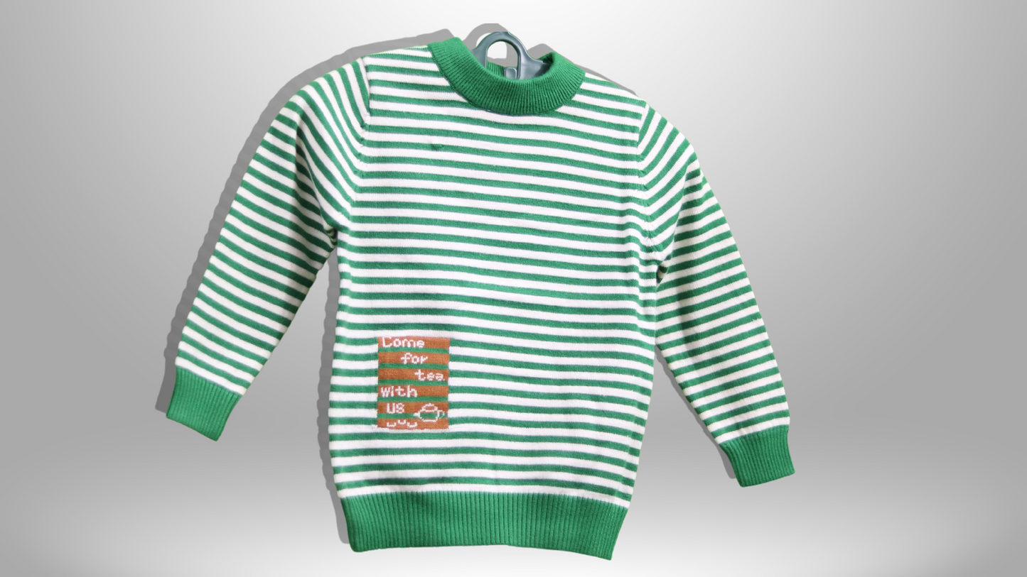 Striped Winter Sweater for Kids - Green and White