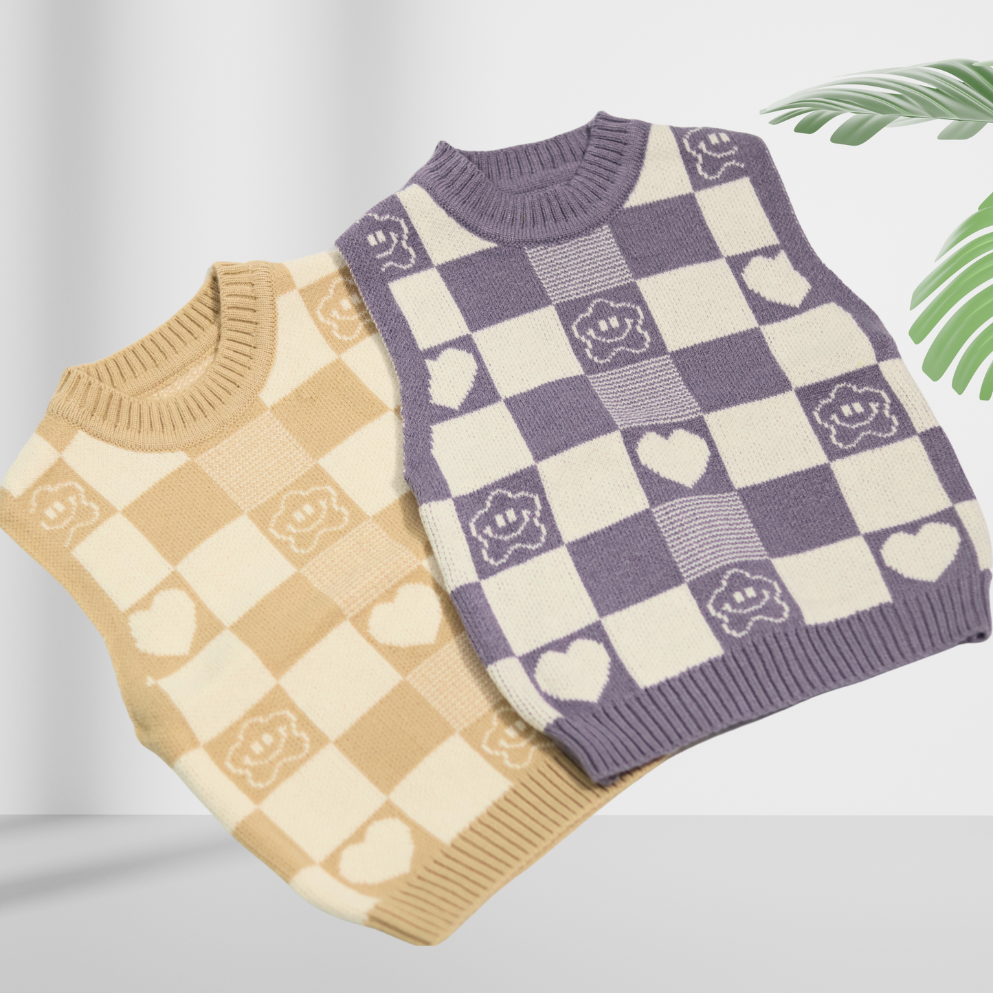 Soft Checkered Knit Sleeveless Sweater for Kids – Available in Beige & Lavender by Tinnie & Tiny