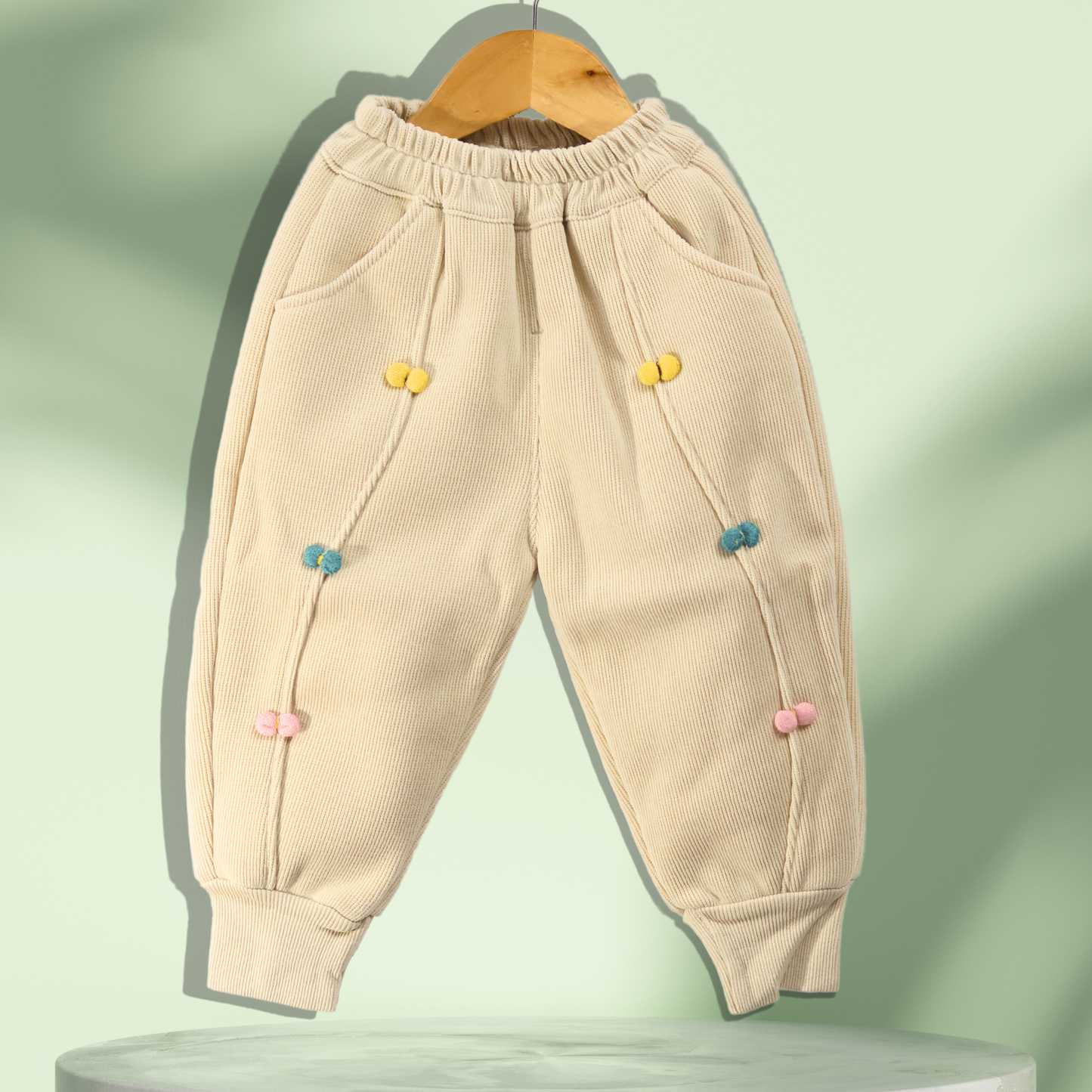 Adorable Decorated Kids’ Corduroy Pants - Soft Beige