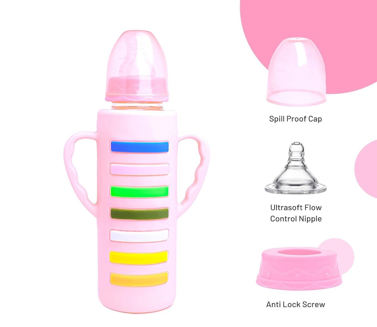 Glass Feeding Bottle with 2 Handles with Silicon Cover 240 ML - Feeder for Newborn Baby