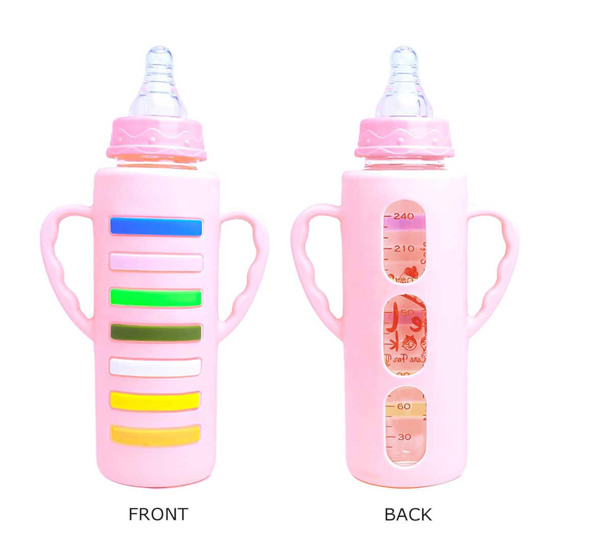 Glass Feeding Bottle with 2 Handles with Silicon Cover 240 ML - Feeder for Newborn Baby