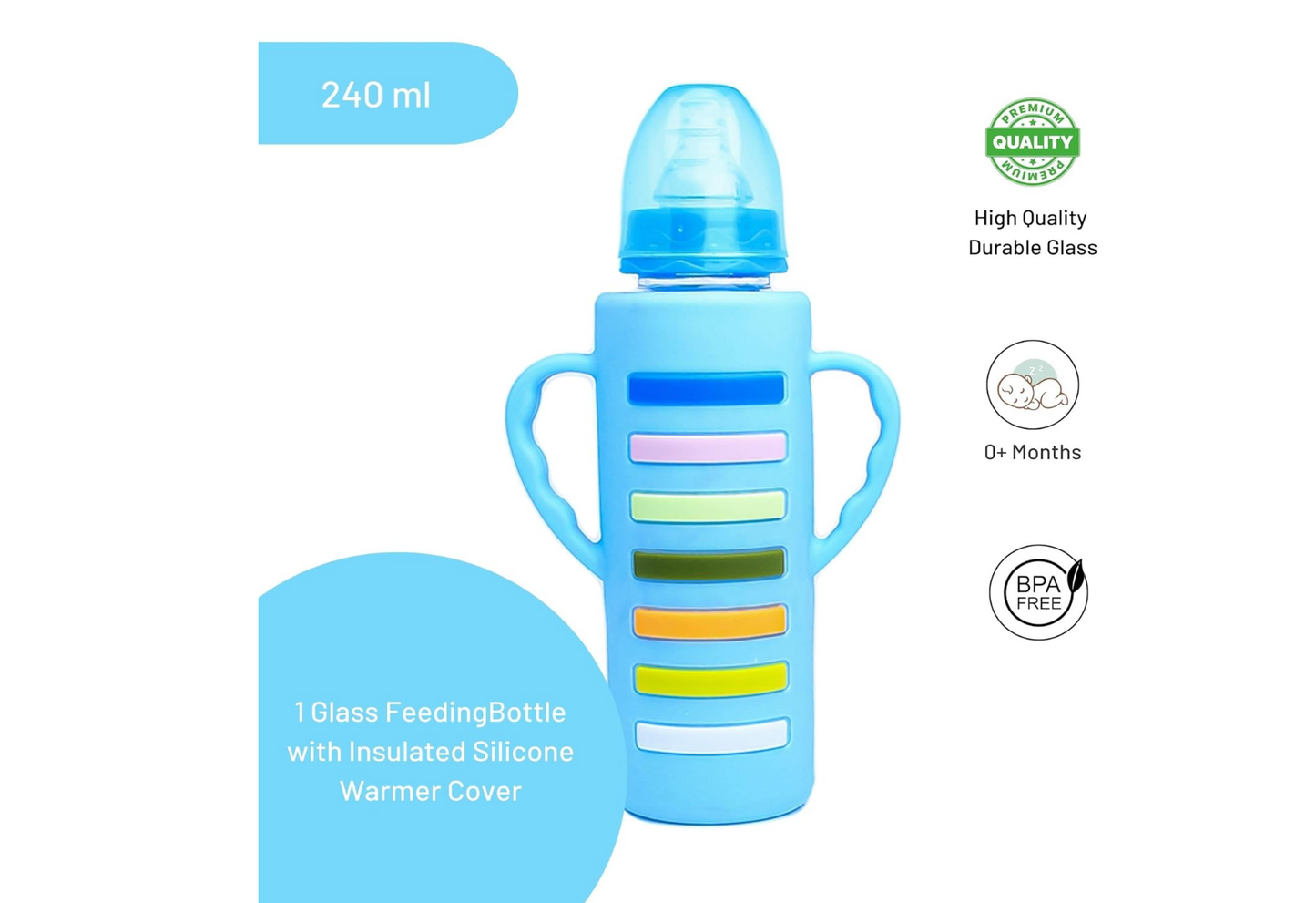 Glass Feeding Bottle with 2 Handles with Silicon Cover 240 ML - Feeder for Newborn Baby