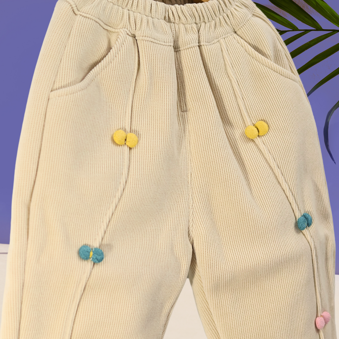 Adorable Decorated Kids’ Corduroy Pants - Soft Beige
