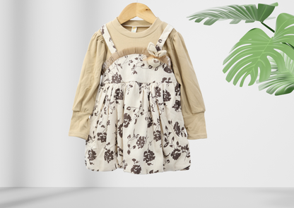 Elegant Floral Kids Dress - Beige & Brown Dress for Girls