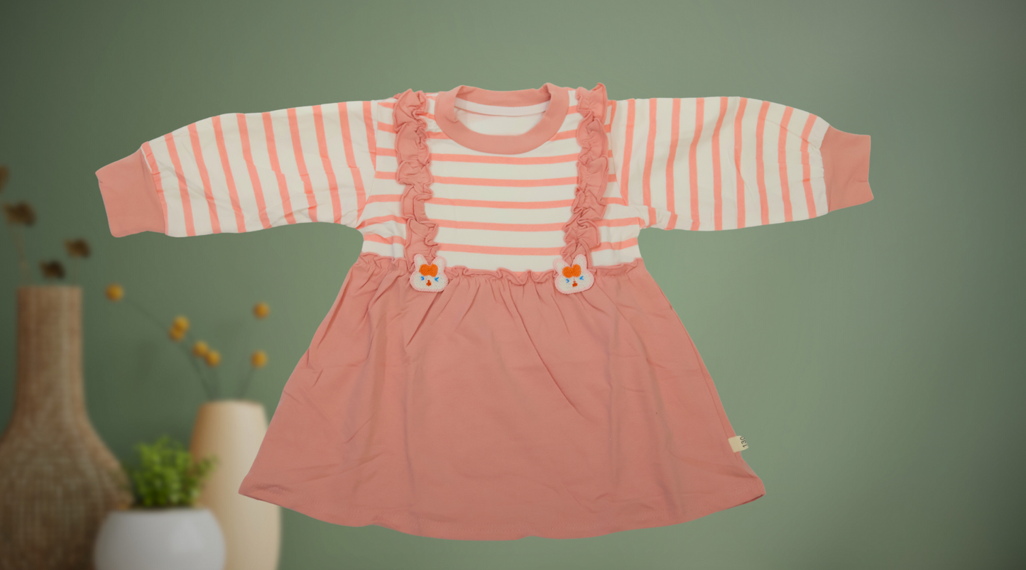 Blush Pink Striped Ruffle Dress for Girls - Long Sleeve