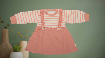 Blush Pink Striped Ruffle Dress for Girls - Long Sleeve