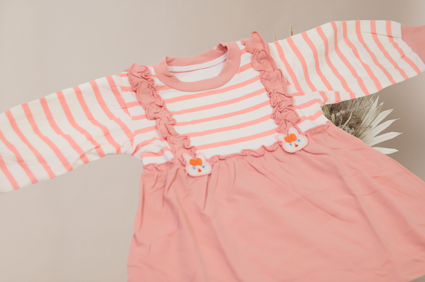 Blush Pink Striped Ruffle Dress for Girls - Long Sleeve
