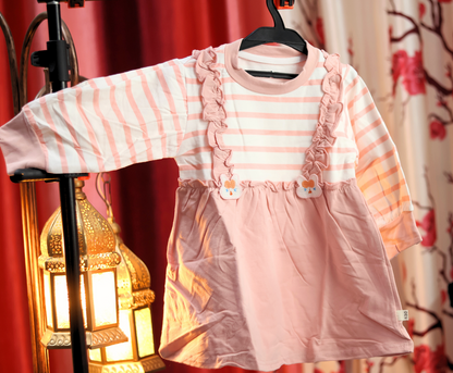 Blush Pink Striped Ruffle Dress for Girls - Long Sleeve
