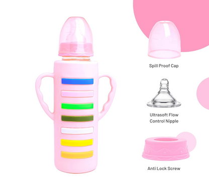 Glass Feeding Bottle with 2 Handles with Silicon Cover 240 ML - Feeder for Newborn Baby
