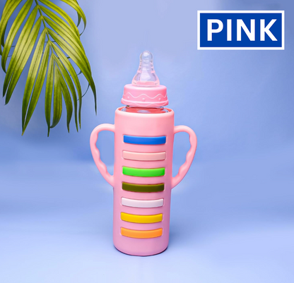 Glass Feeding Bottle with 2 Handles with Silicon Cover 240 ML - Feeder for Newborn Baby